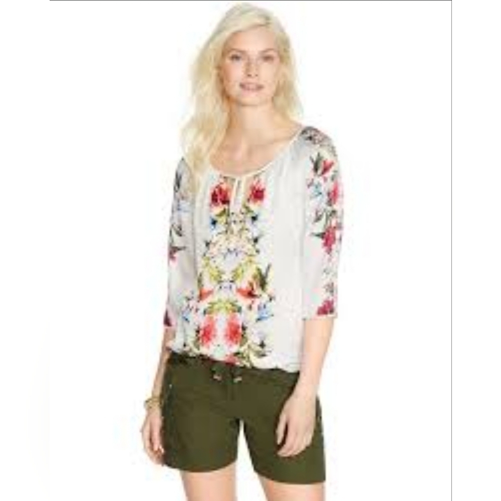 WHBM Tropical Floral Peasant Blouse Keyhole Neck Sz XS